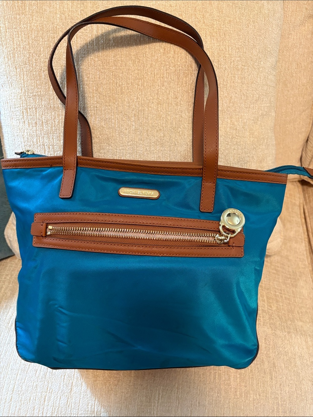 Michael Kors Teal Tote with Brown Leather Trim and Gold Hardware